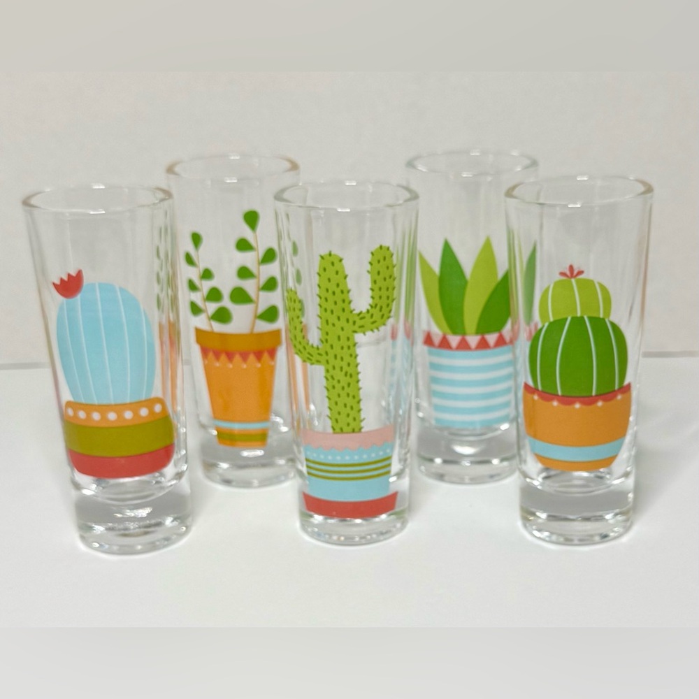 Set Of 5 Blue Panda Colorful Different Cactus Image Clear Shot Glasses 2oz